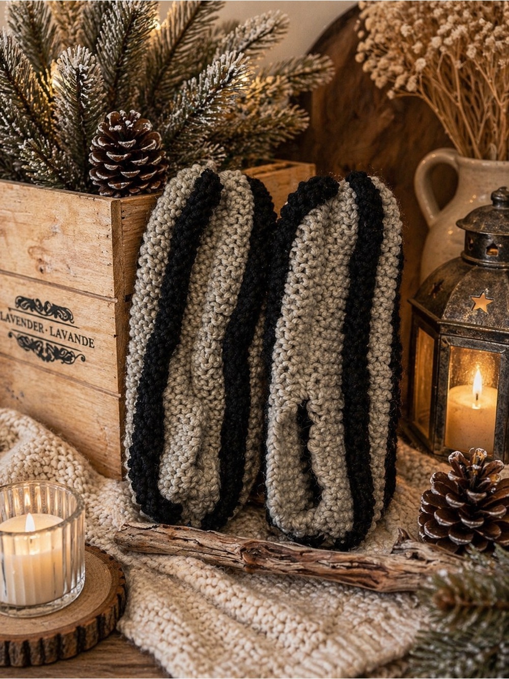 Cozy phentex Hand-Knit Grey & Black Women's Slipper Socks